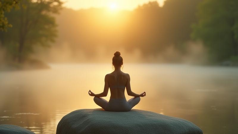 Woman meditating by a calm lake at sunrise with stone pillars, representing inner peace