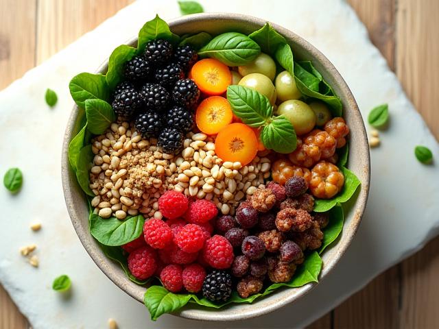 A colorful bowl of fresh berries, nuts, and greens, symbolizing balanced nutrition.