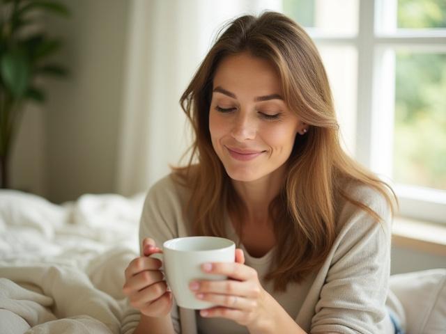 Smiling woman, Sarah, reflecting a sense of peace and well-being