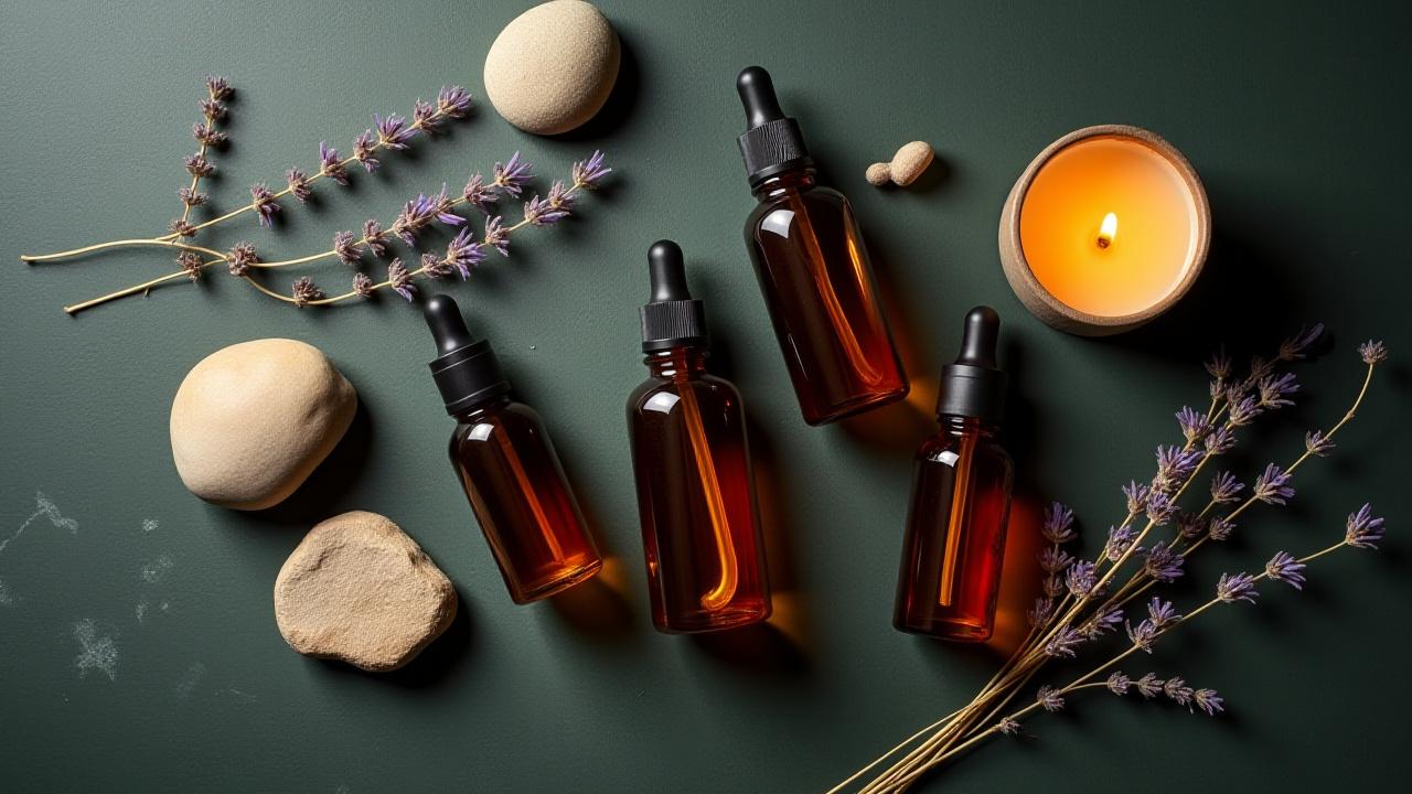 A flat-lay of Stone Hearth wellness products including supplements, a polished stone, and a scented candle on a serene, textured slate surface.